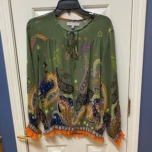 August Silk Sage Paisley Print Sheer Ruffle Top - Small.